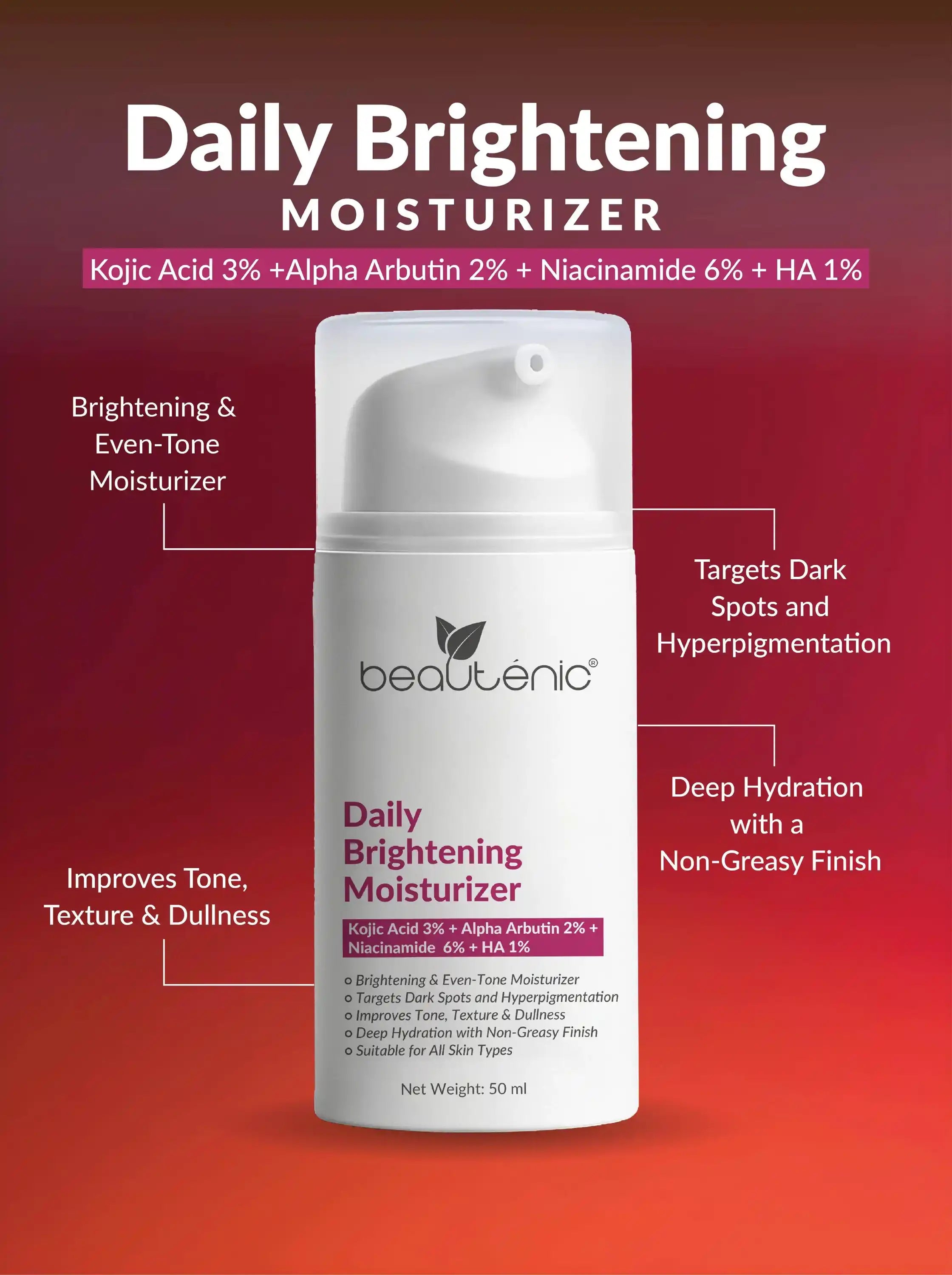 Daily Brightening Moisturizer (Kojic Acid 3% + Alpha Arbutin 2% + Niacinamide 6% + Hyaluronic Acid 1%)