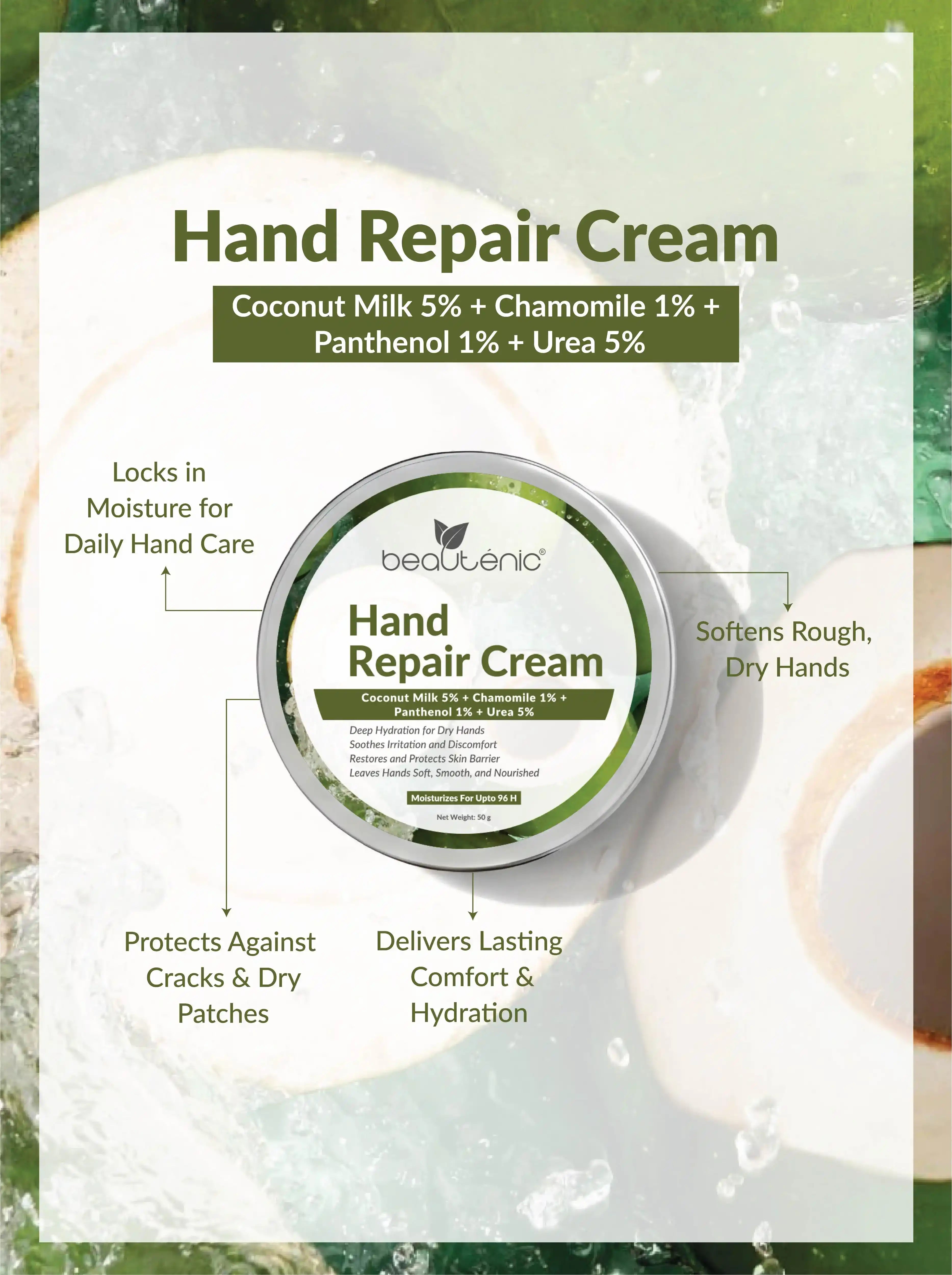 Beautenic Hand Repair Cream – Coconut Milk 5% + Chamomile 1% + Panthenol 1% + Urea 5%